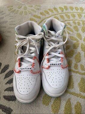 Jordan Kids White High-Top Sneakers with Orange & Teal Accents